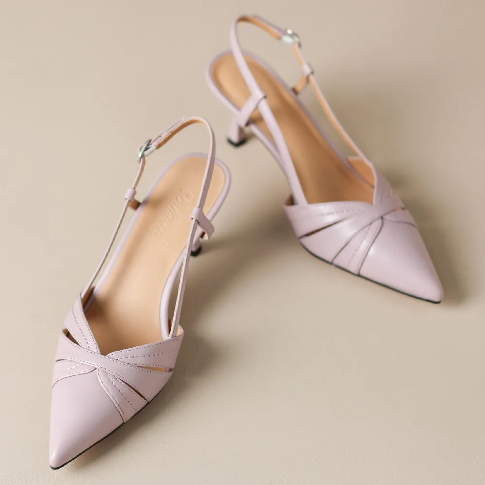 Women's Genuine Leather High Heel Pointed Toe Slingback Slip-on Flats Sandals Elegant Ladies Daily Dress Pumps Heeled Shoes