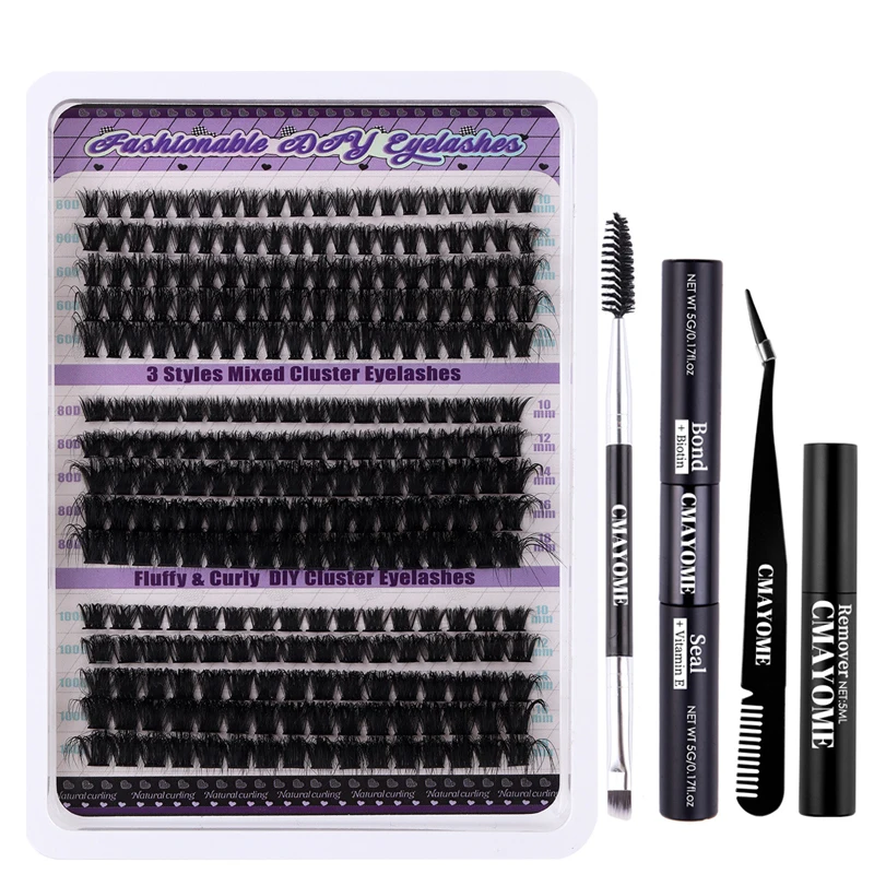 Fake Eyelashes 60D 80D 100D DIY Lash clusters set 270pcs Fluffy volume 10-18mm natural long bond and seal lash Glue kit