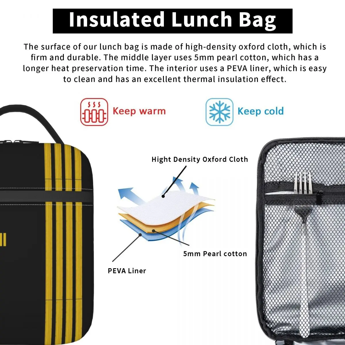 Pilot Captain Stripes Resuable Lunch Boxes Women Aviation Airplane Aviator Thermal Cooler Food Insulated Lunch Bag Kids School