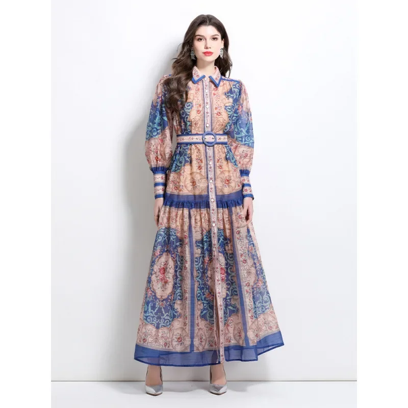 فستان مُزين بطباعة طويلة أنيقة مع حزام الخصر وزر واحد النمط الكلاسيكي ربيع جديد 2025 موضة المشاعر الراقية جلطة المرأة