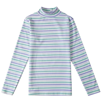 2025 خمر مخطط الياقة المدورة كم طويل تي شيرت جديد سليم تنوعا اللون منعت تيز الخريف الشتاء طبقة قاعدة بسيطة 5