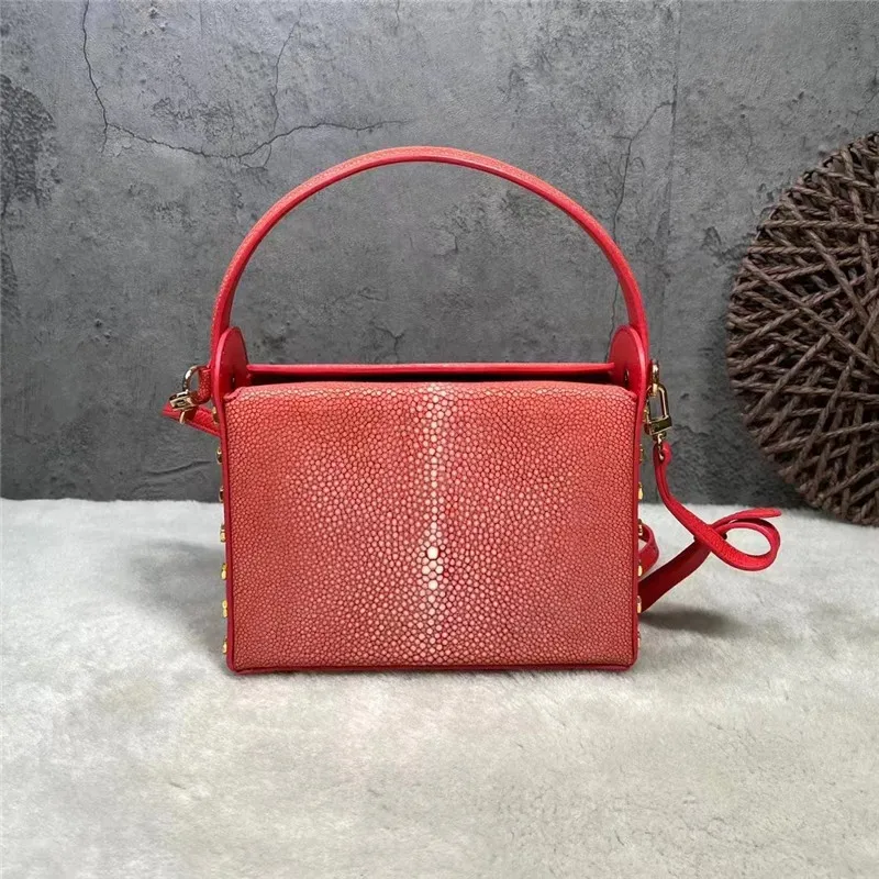 

Thailand Authentic Stingray Skin Women Red Box Purse Genuine Exotic Leather Lady Studs Shoulder Bag Female Small Rivets Handbag