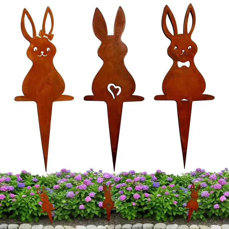 

Metal Bunny Yard Stake Rusty Rabbit Easter Lawn Stake Outdoor Sculpture Decorative 3pcs Easter Lawn Stake For Courtyard Planters