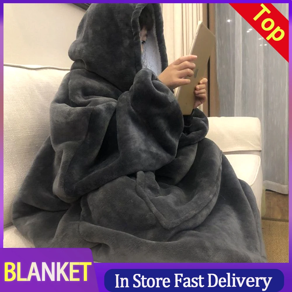 Blankets Winter Outdoor Hooded Pocket Blankets Warm Soft Hoodie Robe