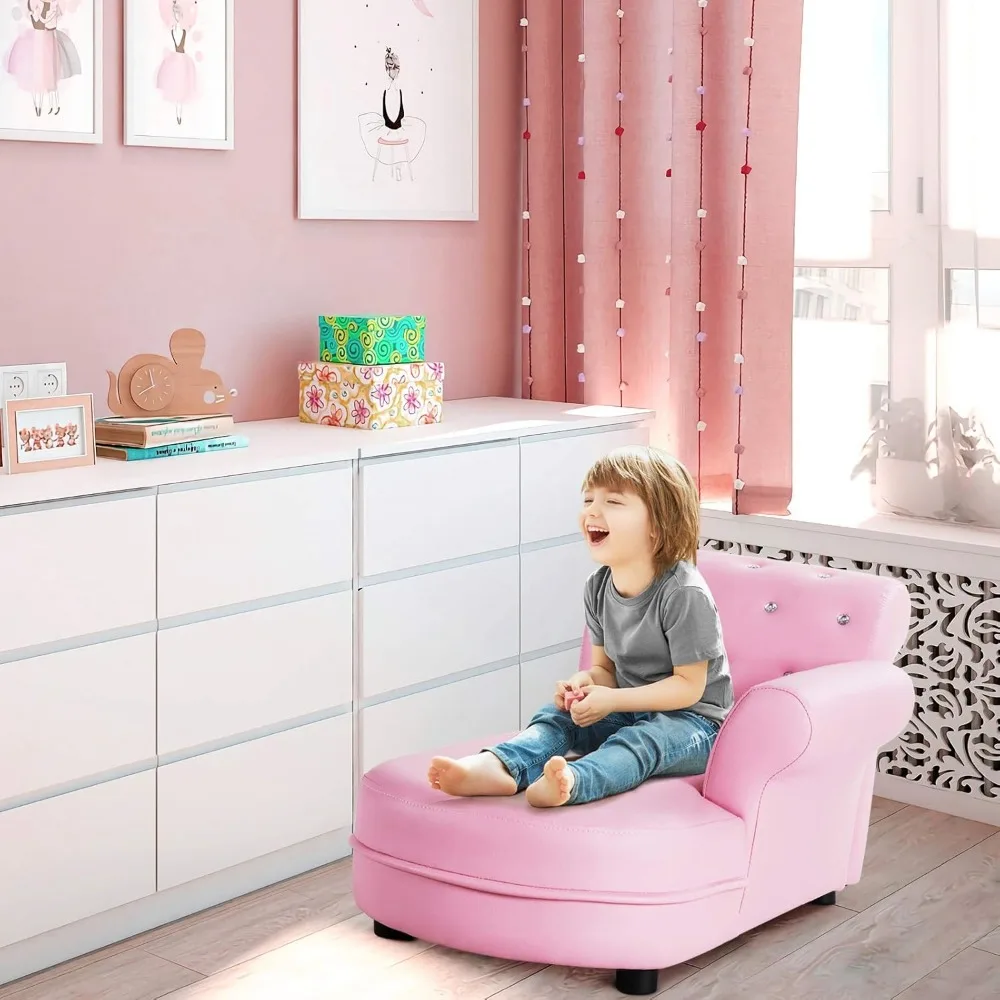 Kids Sofa, Pink Toddler Couch Princess Sofa with PVC Leather and Embedded Crystal, Upholstered Children Chaise Lounge 6
