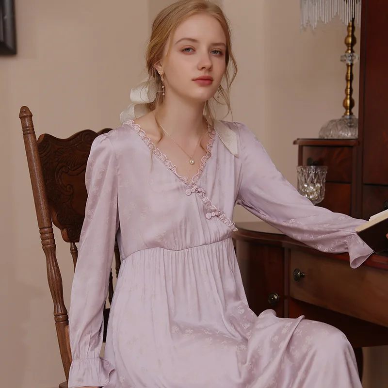 

Spring Autumn Pajamas Women Lingerie Satin Nightwear V-neck Nightdress Robe Sexy Home Wear