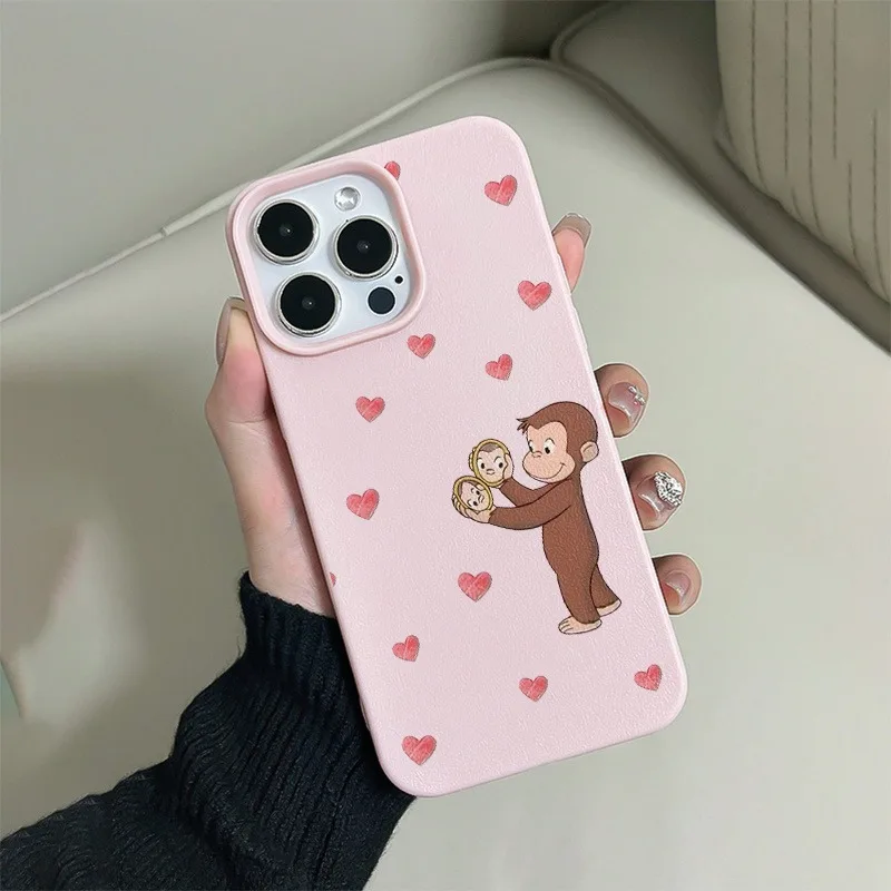 Playful Monkey Pink TPU Phone Case with Heart-Shaped Pattern