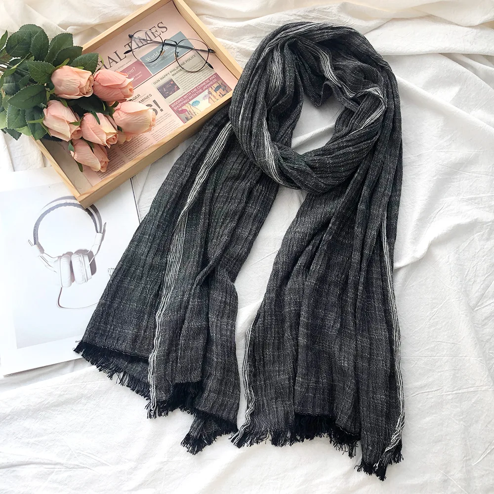 Cotton Linen Men Scarf Autumn Winter Black Navy Striped Tassel Scarves Men's Shawl Wrap Fashion Male Accessories Bufandas japanese style cotton linen scarf fashion striped men s winter scarves warm pashmina shawl ethnic tassel male accessories