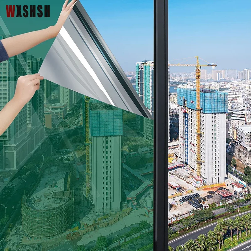 Glass Film Stained Self-Adhesive Removable Privacy Protection Sun-Blocking One-Way-Mirror Window Film 90cm Width Green Silver
