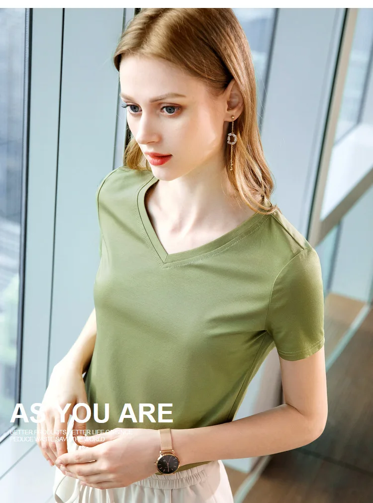 Ice Sensitive Silk Cotton V-neck Short Sleeved T-shirt for Women's Solid Round Neck Basic Commuting Elastic Oversized Top