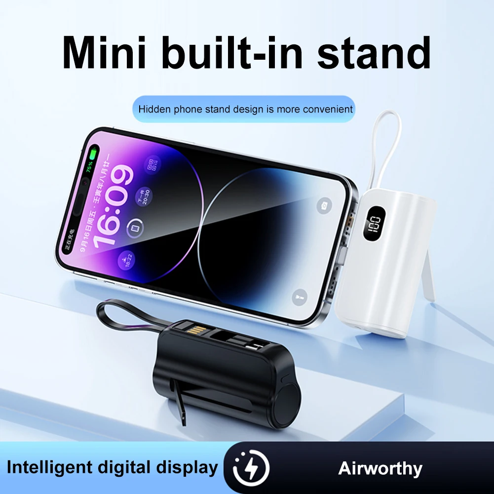 10000mAh Mini Power Bank Digital Display Compact Portable Charger Built-in USB-C & 8 Pin Connector Capsule PowerBank for IPhone 5