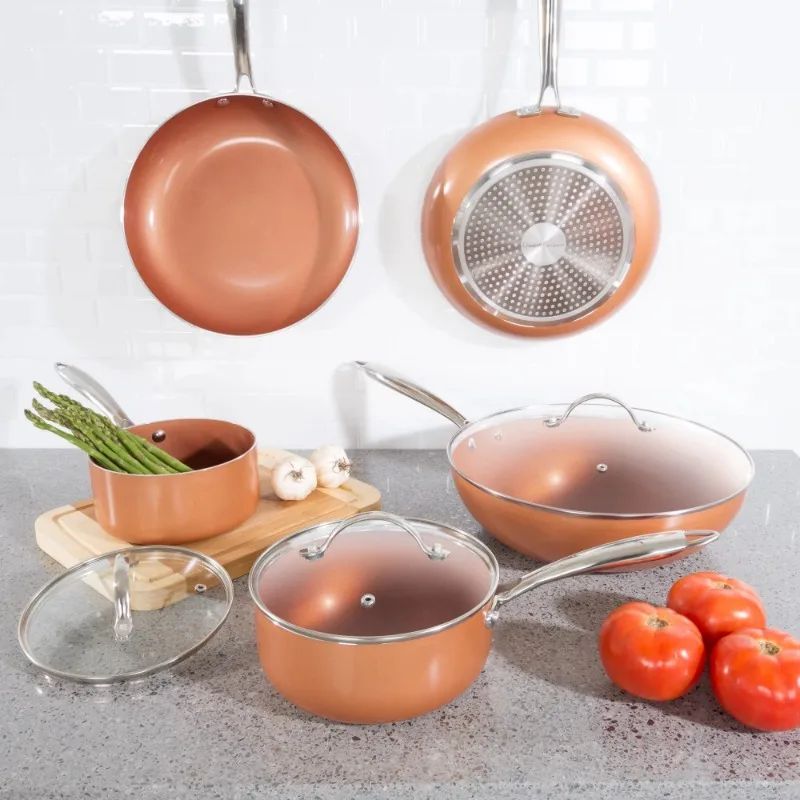 

8 Piece Cookware Set with Nonstick Ceramic Coating, Tempered Glass Lid, Copper Color