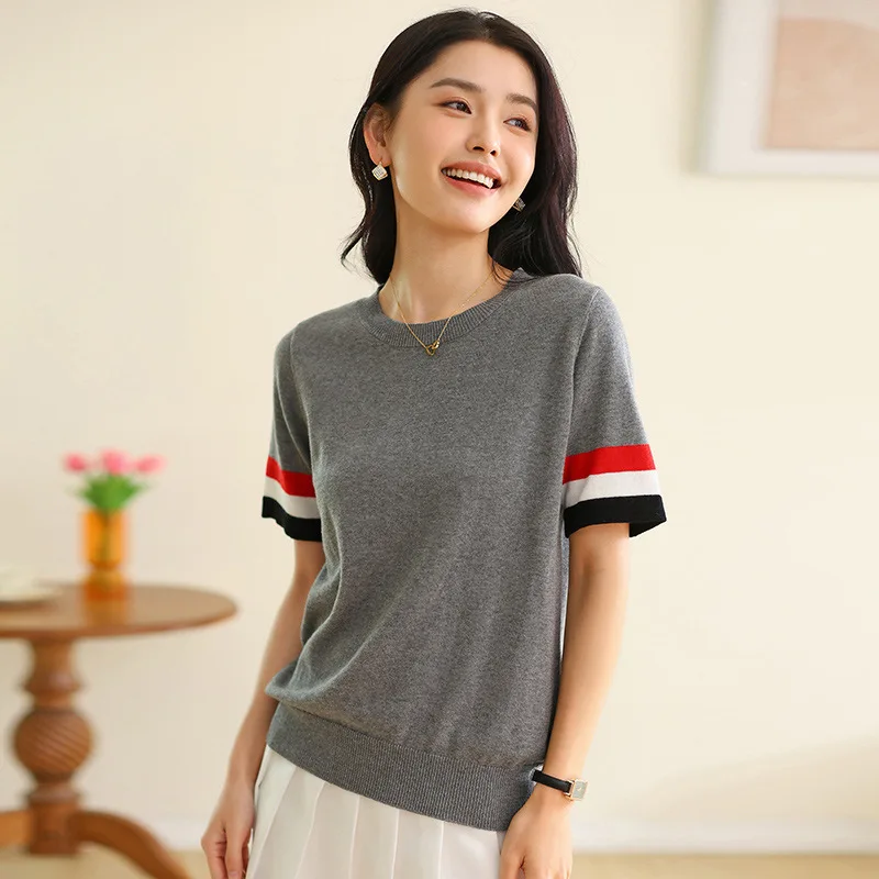 

Knitted Short Sleeve 2024 Summer New Women's Round Neck Multicolor T T-shirt Sweater Loose Crop Top Plus Size Wholesale