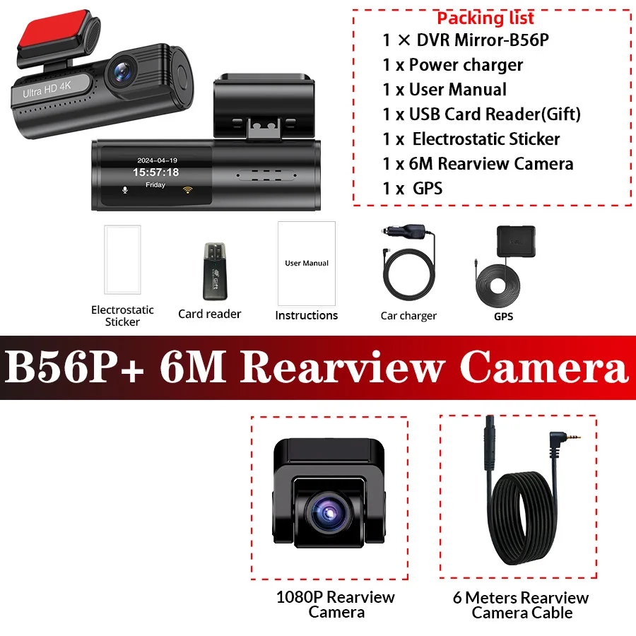 ACCEO Dash Cam UHD 4K para coche Cámara de visión nocturna con GPS WiFi CAR DVR Lente dual 4K frontal y cámara trasera 1080P Estacionamiento 24 horas