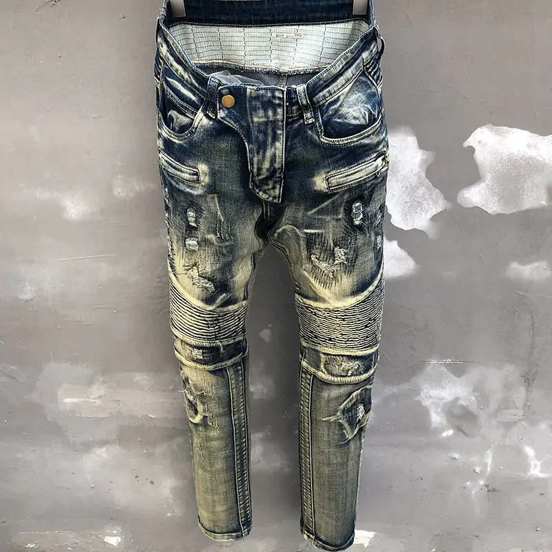 

Hip Hop Men Stretch Slim Jean Fall Designer Jean Retro Locomotive Jeans Men Motorcycle Patchwork Fashion Brand Jean High Street