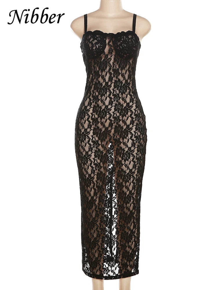 Nibber See Through Lace Maxi Dress Women Solid Hollow Out Bodycon Female Backless Streetwear Elegant Club Robe Vestidos