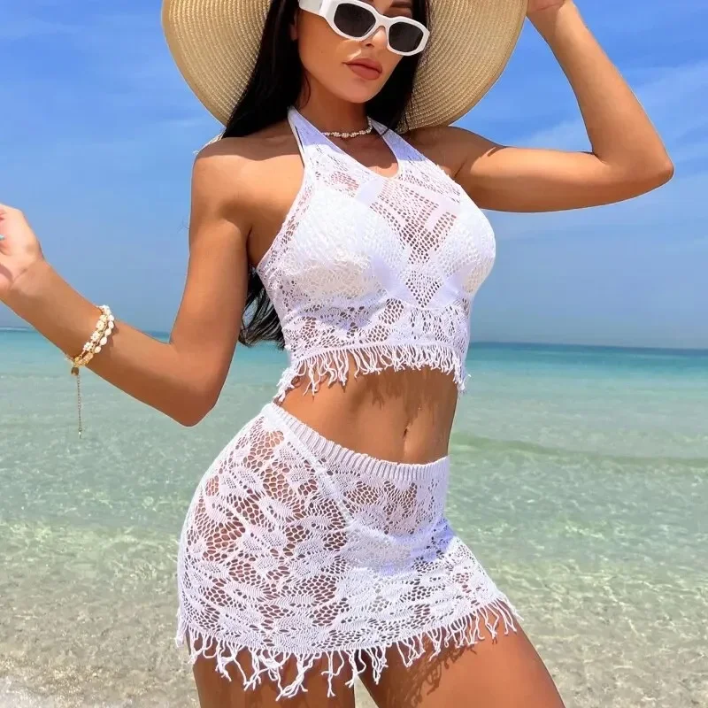 2 Stück sexy Frauen Fisch netz Vertuschungen aushöhlen Bodycon Damen Bade bekleidung durchsichtig Quaste Kleid ohne Bikini Beach wear – Detail 3