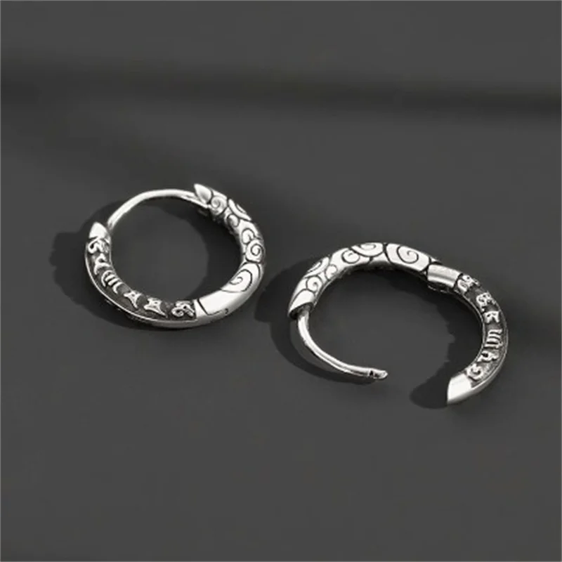 Retro Auspicious Clouds Ear Buckle Men Jewelry Blessing Six Character Great Bright Mantra Earrings Male Hoops Accessories
