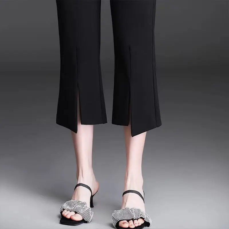 Fashion Simple Versatile Seven Point Split Flared Pants Women New Solid Elastic High Waist Pocket Summer Suit Straight Trousers