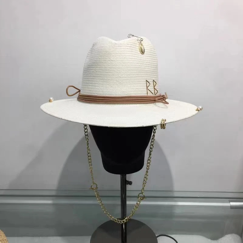 Summer Jazz Top French Letter Accessories Lafite Grass Women's Chain Decoration Sun Hat Punk Style Straw Hat