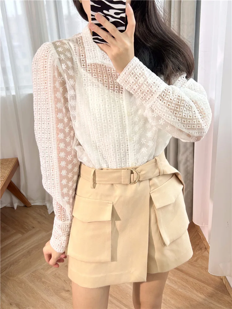 

Early Spring 2024 New Women Shirt Embroidery Female Commuter White Perspective Two Pieces Set Chemise Stand Collar Blouse