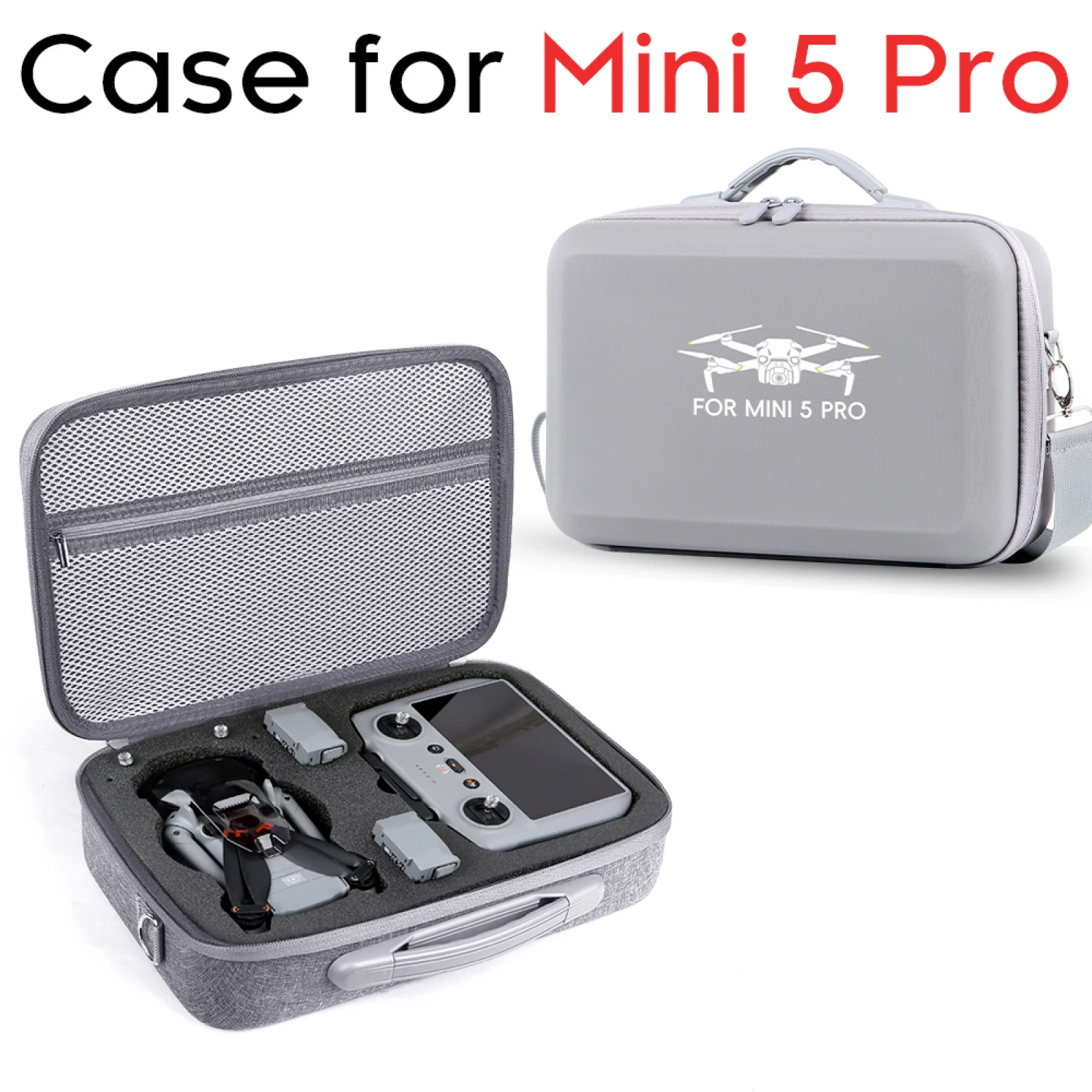 Étui imperméable DJI Mini 5 Pro ouvert montrant le rangement intérieur rembourré