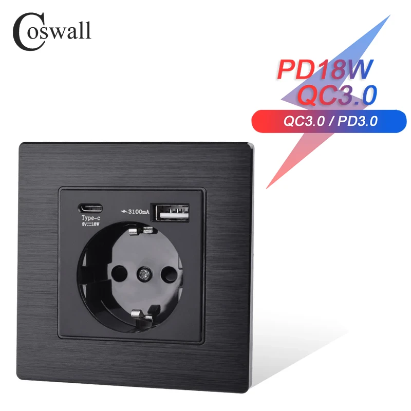 COSWALL Black / Silver Grey Brushed Aluminum Panel EU Outlet Wall Power Socket Grounded, 18W Type-A & C Dual USB Fast Charger