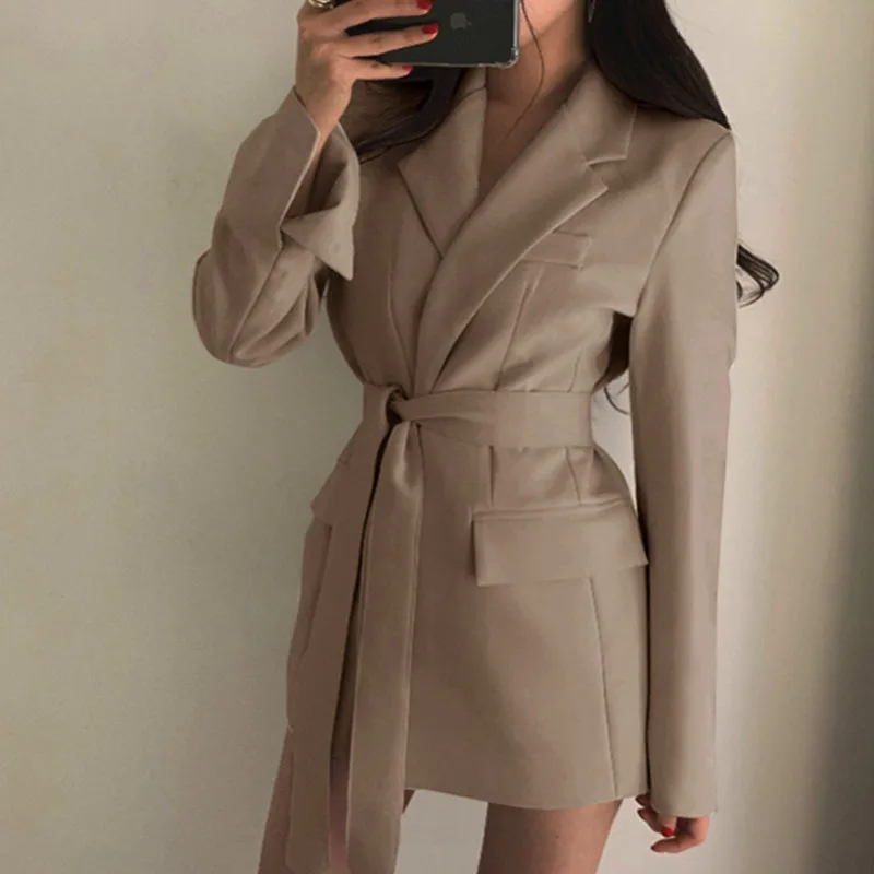 Women's Spring 2023 Fashion Blazer Slim Fit Business Blazer and New Tie Waist Jacket Retro Khaki Black Ladies Cardigan Tops