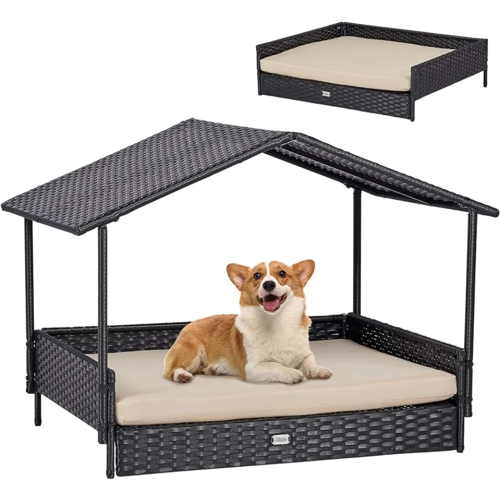 

2-in-1 wicker dog house, indoor/outdoor elevated dog bed with removable canopy, breathable, shaded, waterproof and non-slip feet