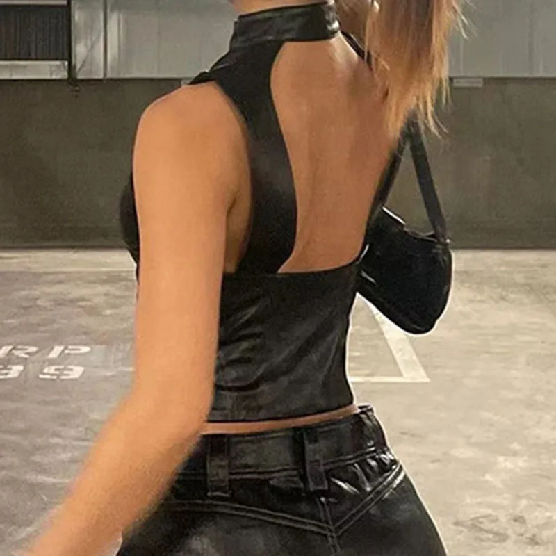 FQLWL Summer Solid Faux Pu Leather Tank Top For Women Black Sleeveless O  Neck Zip Up Crop Top Streetwear Bodycon Tank Top Female