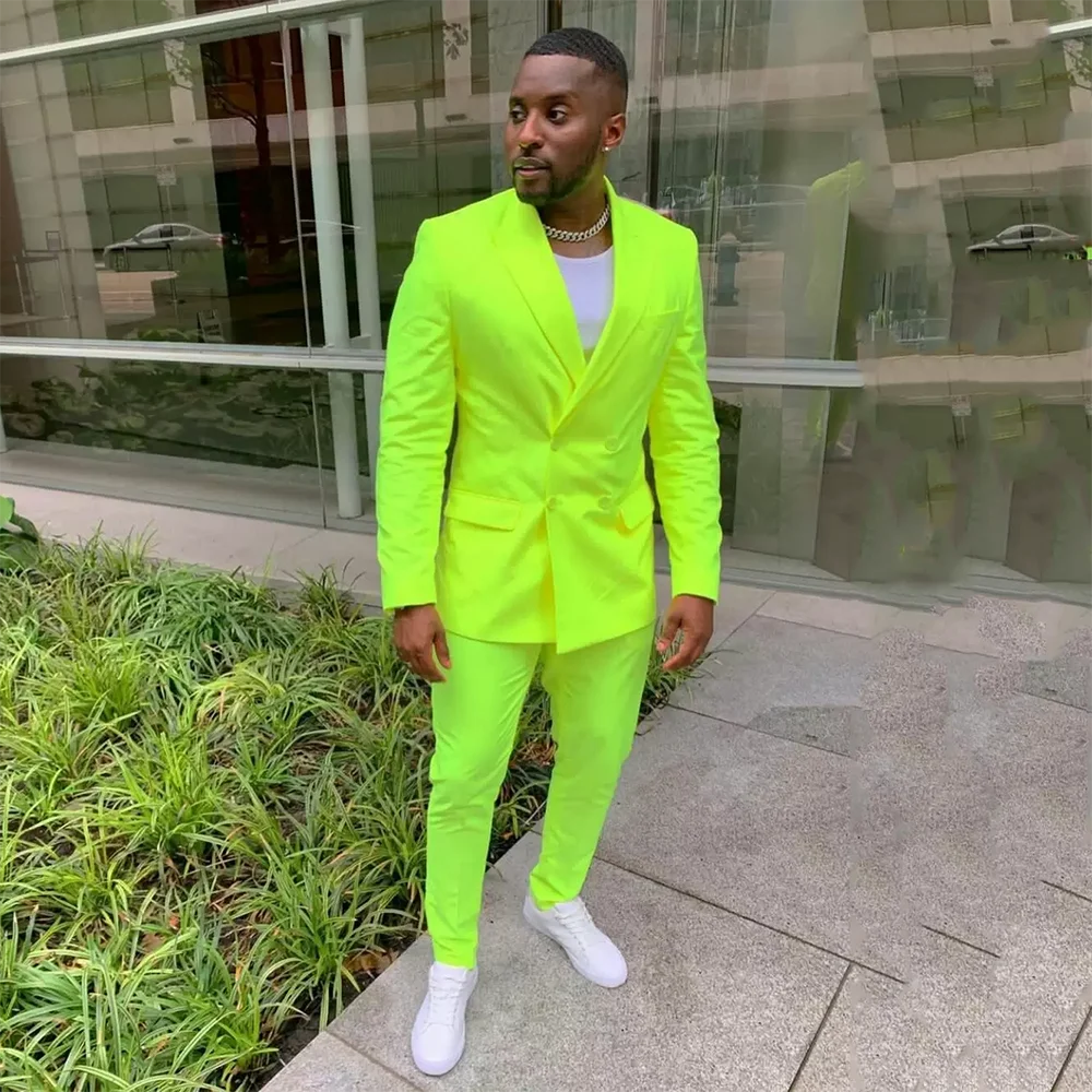 Fluorescent Green Mens Suit Business Casual Party Slim Fit Double Breasted Peak Lapel 2 Piece (Jacket+Pants) Costume Homme