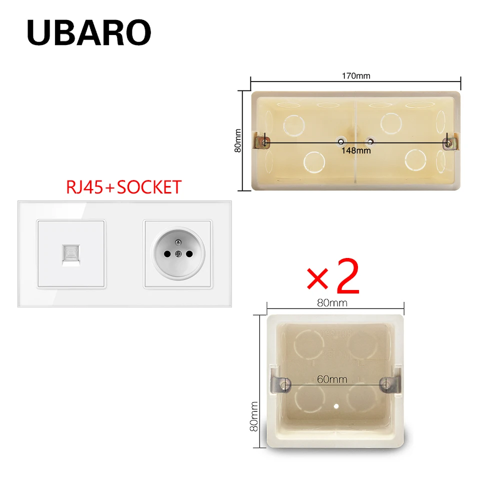 UBARO 172*86mm EU 유리 패널 벽 소켓 RJ45/RJ11/TV/Usb 5V 2A 약한 현재 플러그 홈 전기 콘센트 Ac110-250V 16A