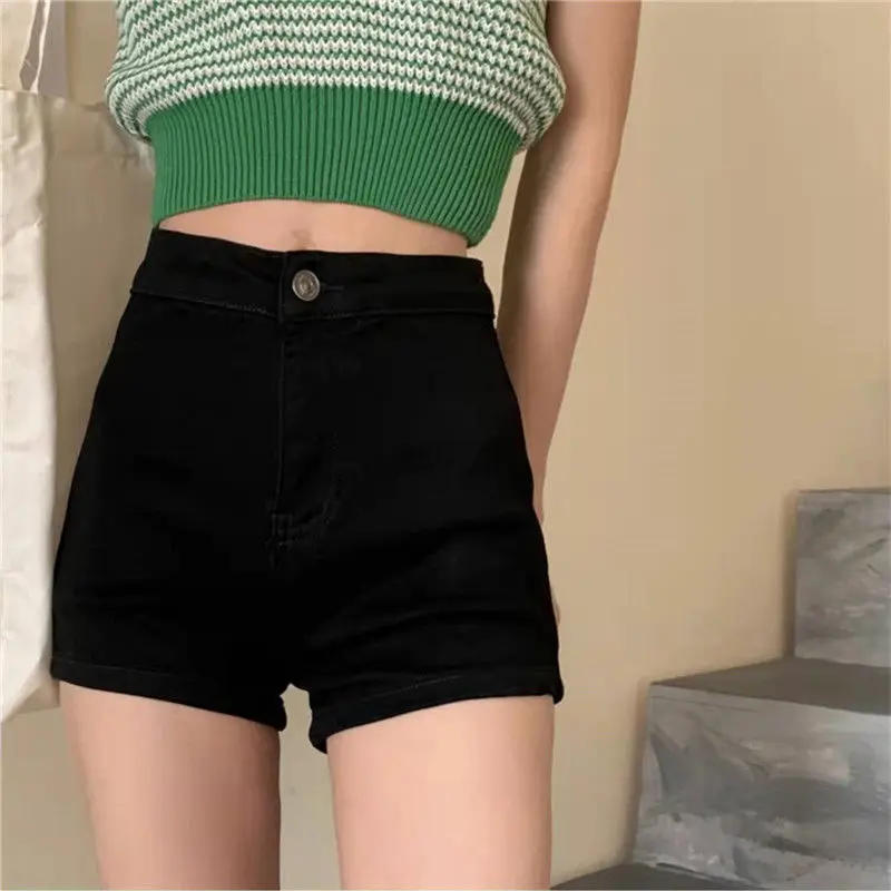American Style Sexy Summer Denim Shorts Women Solid Color High Waist Zipper Trendy Casual Bodycon Cowboy Elastic Bag Hip Shorts
