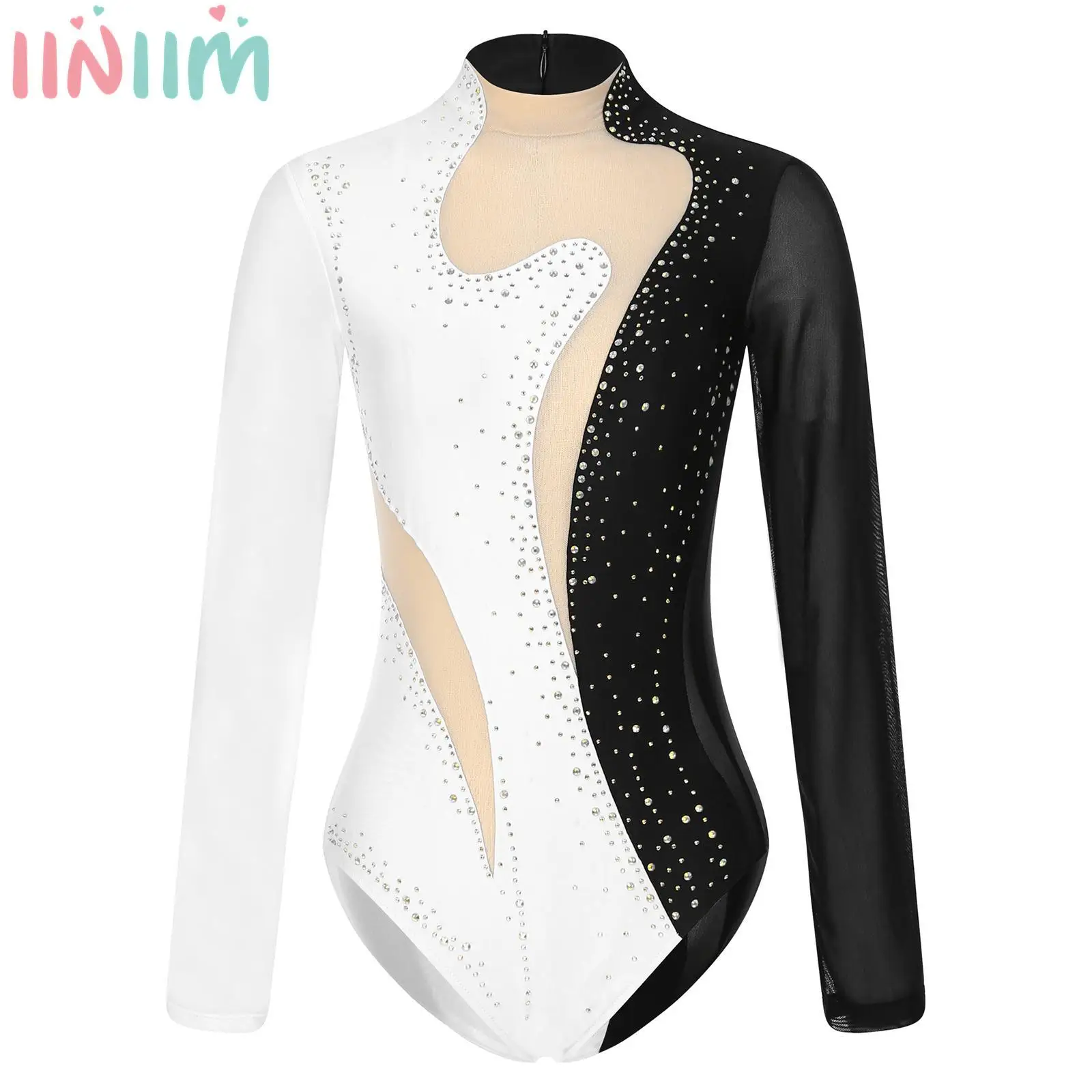 

Womens Patchwork Gymnastics Leotard Rhinestone Long Sleeve Ballet Dance Bodysuit Acrobatics Dancewear Figure Ice Skating Unitard