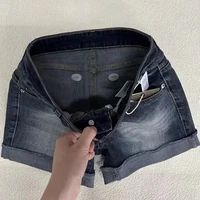 Retro Roll Up Hem Deep Blue Denim Shorts Women Summer Sexy Low Rise Hip Covering Hot Pants American Distressed Washed Jean Short - Image 4