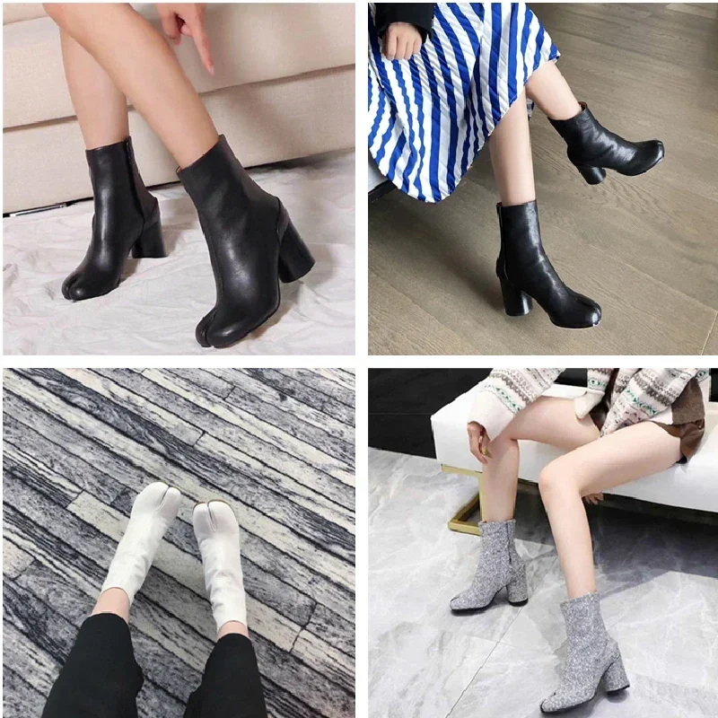 Women Split Toe Ninja Tabi Leather Ankle Boots Round Heels 3.5cm/7.5cm Heel Brand Design Lady Shoes Woman Boot