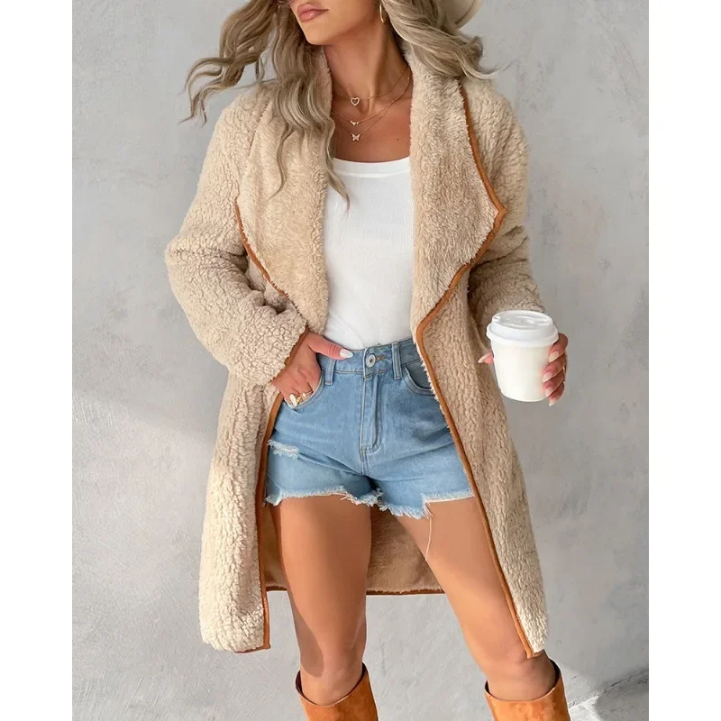 

Binding Pocket Longline Teddy Coat Women Elegant Women Autumn Winter Long Sleeve Lapel Collar Open Front Loose Jacket Outwear