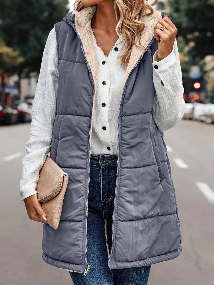 

Winter Fashion 2023 Pure Color Zipper Hooded Cotton Vest Double-sided Warm Cardigan in The Long Casual Windbreaker Jacket S-5xl