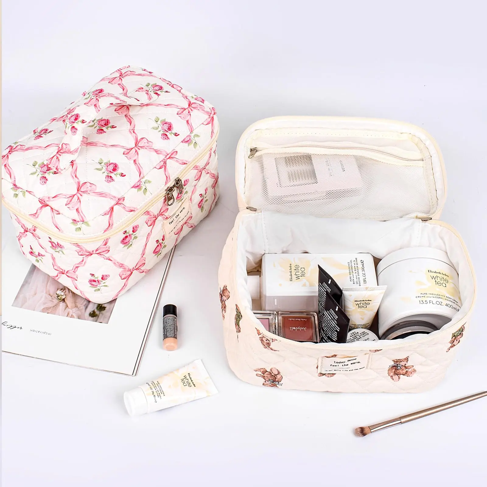 Fashion Vintage Flower Women Makeup Bag Cotton Tote Portable Female Cosmetic Storage Handbag Travel Organizer Zipper Quilted Bag 5