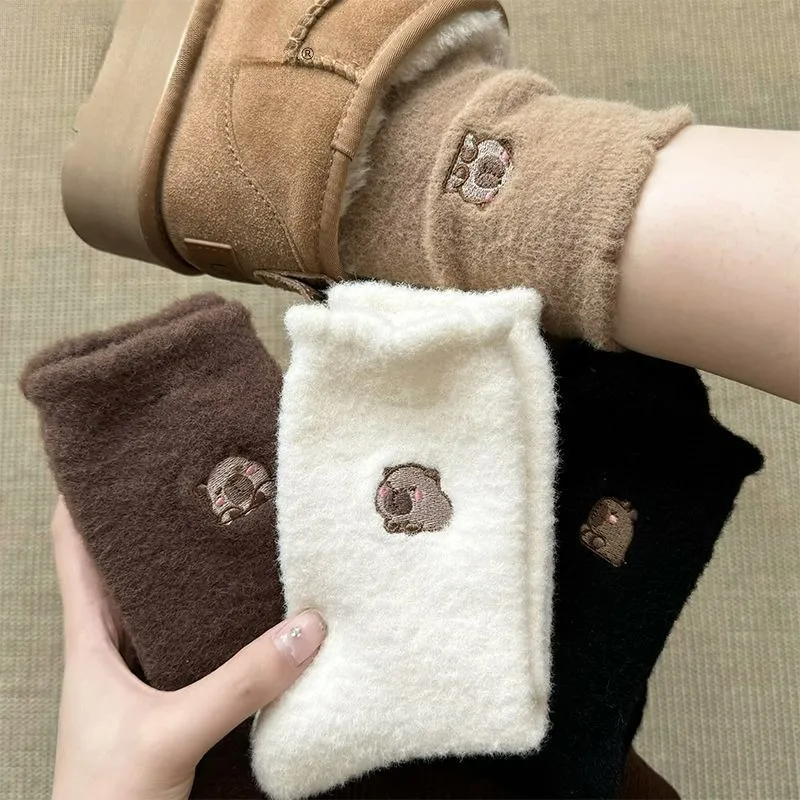 Cozy Hairy Mink Velvet Socks Women Autumn Winter Capybara Pattern Hosiery Thicken Warm Sleep Floor Home Fluffy Kawaii Sockings