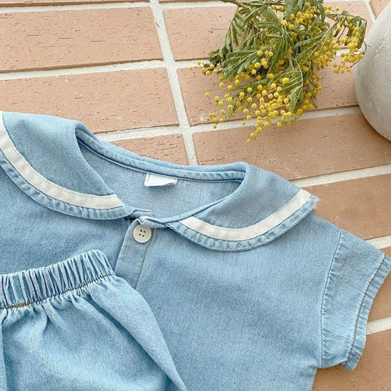 Denim Kids Set with Sailor Collar for 0 3 Years Old