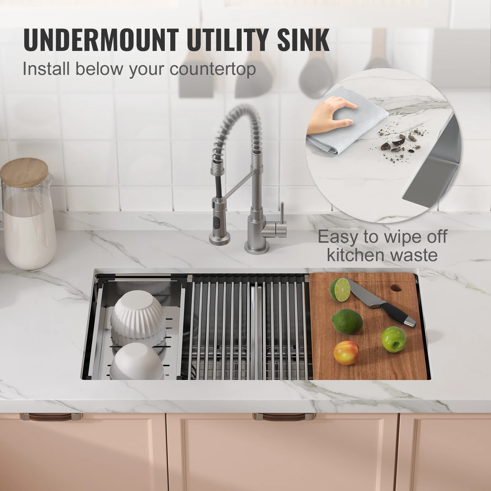 VEVOR 33inch  Kitchen Sink  Single/Double Bowl Stainless Steel Sink Workstation Step Sink with Cutting Board and Basket Strainer 4