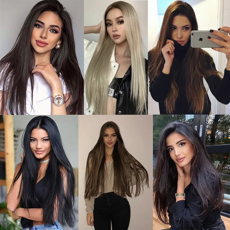 24Inch Synthetic Long Straight One Piece Hair Extension 4 Clips V-shaped Hairpiece for Women