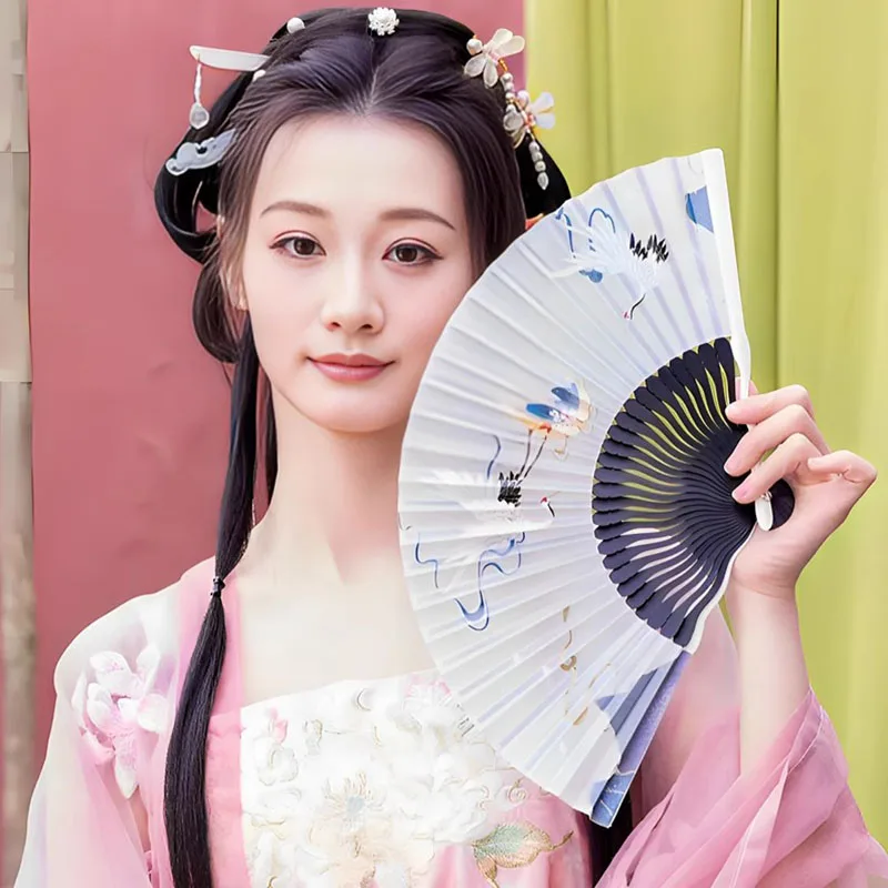 Chinese Crane Folding Fan New Oriental Style Bamboo Hand Fan Traditional Couple Fans for Hanfu & Qipao Portable Travel Gift