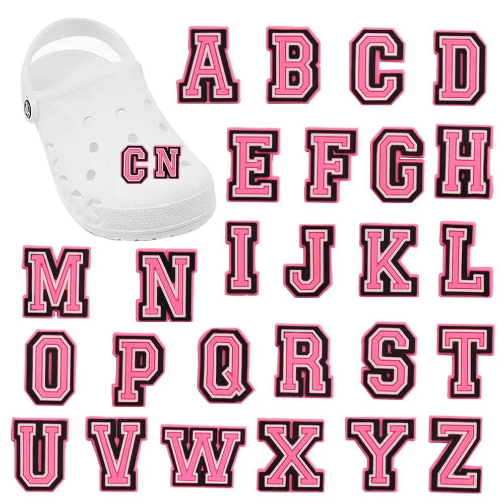 

Good Quality 1pcs PVC Shoe Charms Pink Twenty-six English Letters Accessories Kids Shoes Ornament Fit Croc Jibz DIY Party Gift