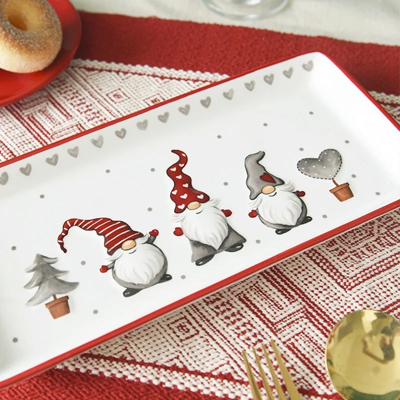Piatto Rettangolare In Porcellana Natalizio Con Gnomi - 30x14 Cm, Design Nordico Rosso E Grigio, Lavabile In Lavastoviglie - 3