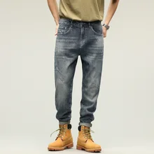 

Men Jeans Spring Summer Pocket Stitching Jeans Men Mid Waist Denim Straight Harem Pants Ankle-Length Pants Streetwear Vintage