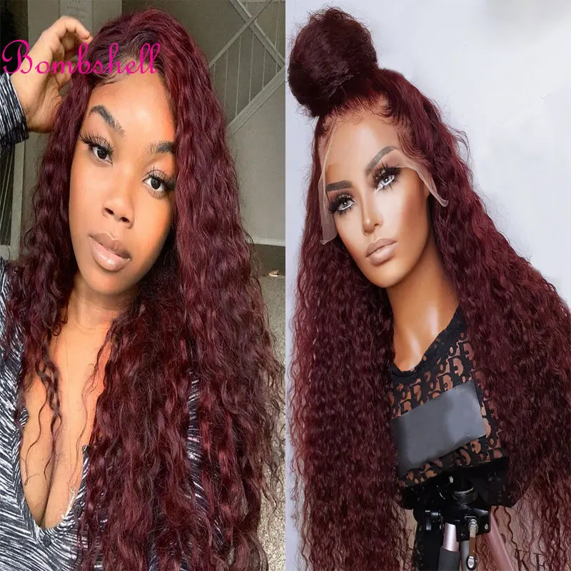

Bombshell Glueless Synthetic 13X4 Lace Front Wigs Burgundy Wine Red Loose Curly High Quality Heat Resistant Fiber Hair For Women