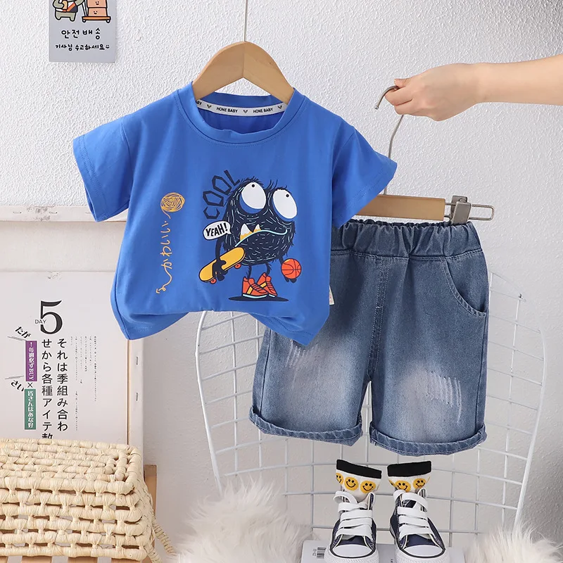 

2024 Western Baby Boy Summer Clothes Suit for Kids Boys Fashion Cartoon Printed O-neck Short Sleeve T-shirts and Shorts Outfits