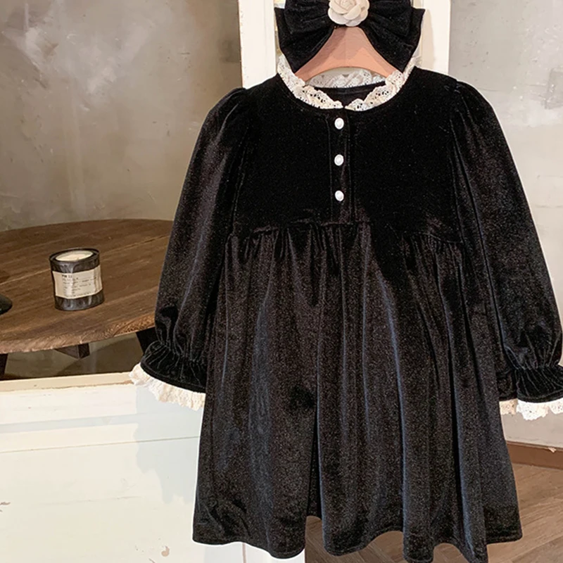 

2 To 10 Years, 2024 Winter Autumn New Girls Velvet Black Color Dress Children Long Sleeve Dress Lace Patchwork Clothing Baby